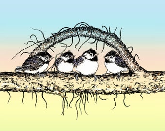 Chickadee art print, pen and ink baby chickadees on branch art, bird illustration, nursery artwork