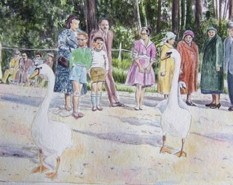 Swans and People on Beach original nostalgic watercolor painting, created from abandoned snapshot