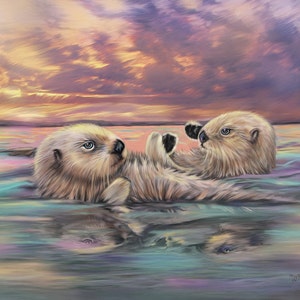 Zeeotter schilderij Otter kunstwerk op canvas Zeeotters hand in hand Zonsondergang oceaan Cabine Decor Cottage Decor