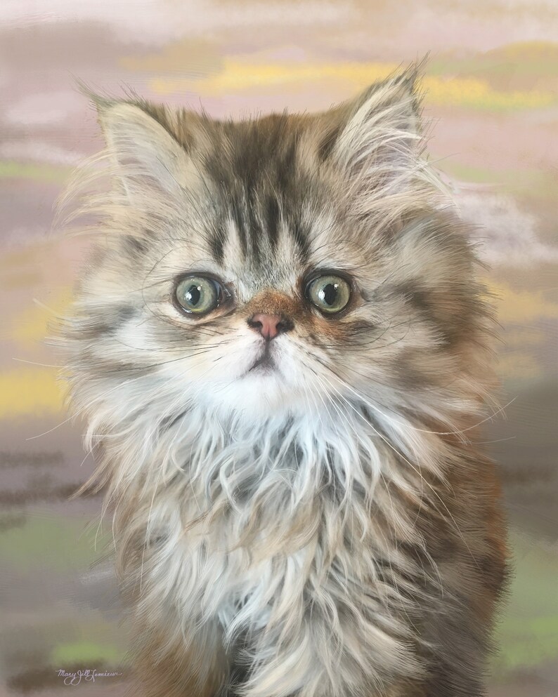 Op de afbeelding: Een close-up van een pluche, langharige kitten met bruin en wit haar. De kitten heeft grote, groene ogen en een witte neus. De achtergrond is een zachte, wazige, pastelkleur.
