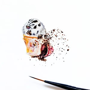 May include: Watercolor painting of a small animal, possibly a badger, sitting in a brown and orange teacup. The animal is white with black markings and has a surprised expression. Brown paint splatters are around the cup.