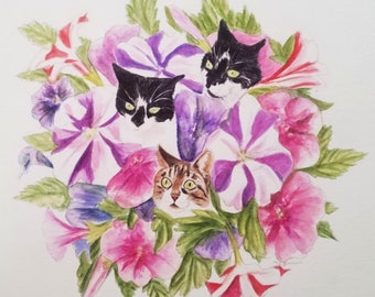 Custom Pet Cat Dog Watercolor Portrait Painting of Alternative Bouquet of Flowers for Valentine's Day Gift