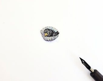 Tiny crow art - Crow in cupcake wrapper mini pen and ink and watercolor artwork - collectible small bird artwork - micro  pen and ink bird