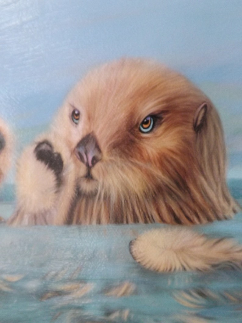  Sea Otter art Painting giclee on Canvas Sea Otters holding 