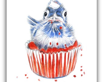 Baby blue jay artwork, Cupcake Bird print, Red Velvet Cake art, July 4th art, nestling, cupcake watercolor painting, baby bird illustration