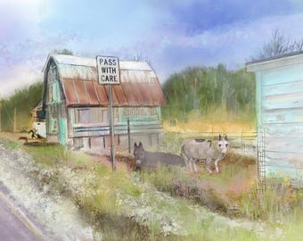 Michigan farm with donkeys fine art print on archival Paper or Canvas, barnyard farm landscape