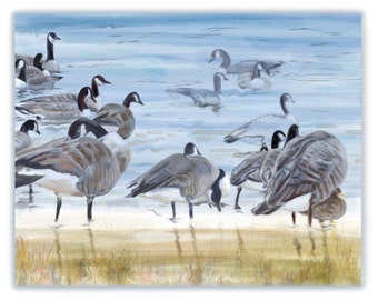 Canada Geese art -  Geese and duck Giclee on Archival Paper or Canvas, Lake Michigan goose and duck digital oil painting, waterfowl art