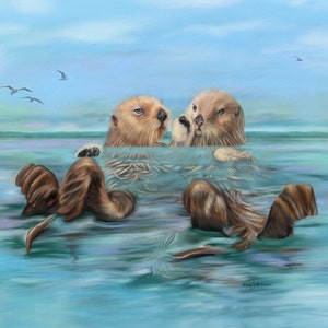 Sea Otter art Painting giclee on Canvas Sea Otters holding hands artwork blue green ocean
