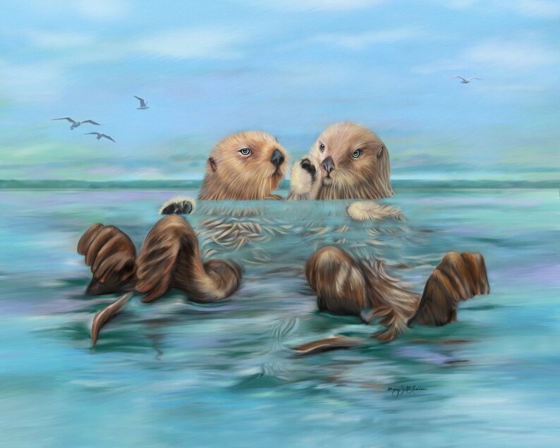 Sea Otter art Painting giclee on Canvas Sea Otters holding hands artwork blue green ocean