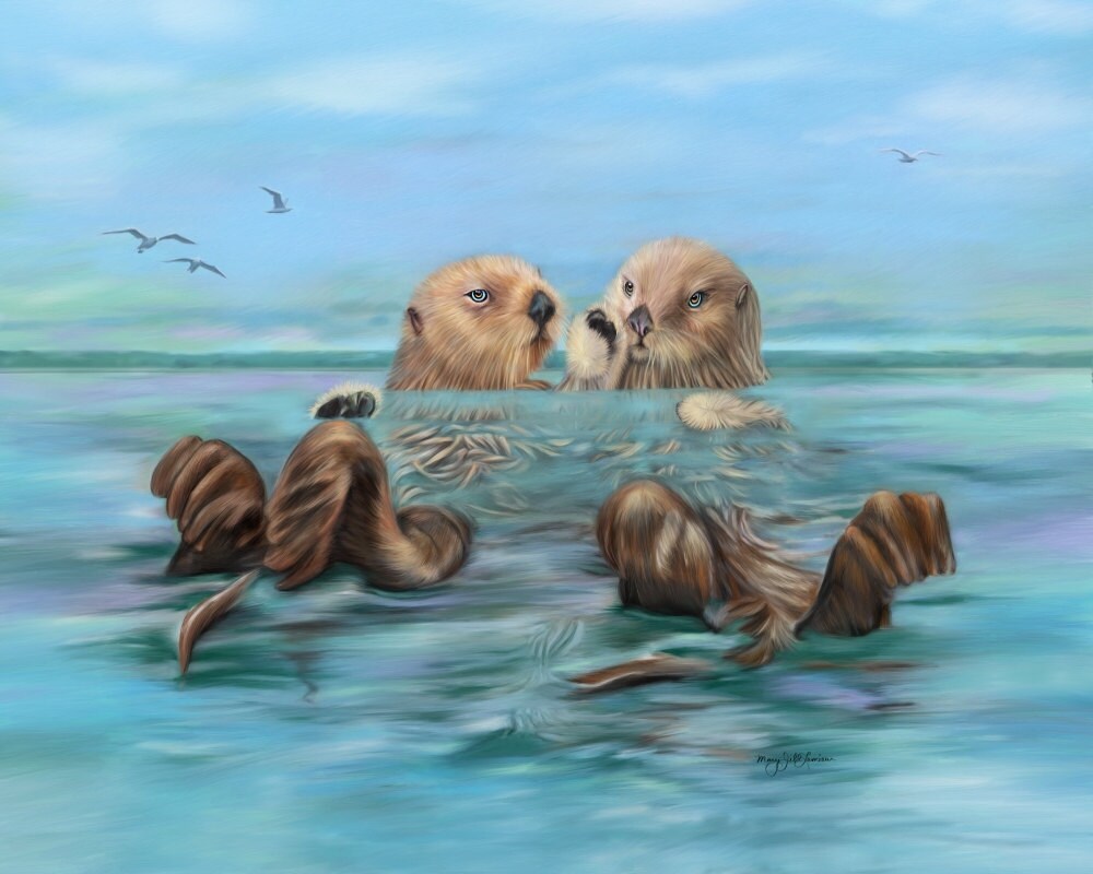 Sea Otter art Painting giclee on Canvas Sea Otters holding hands artwork blue green ocean