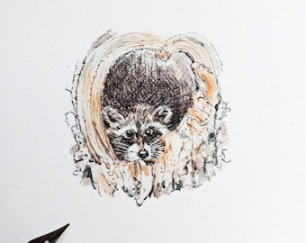 Baby Raccoon original miniature watercolor, collectible micro watercolor, raccoon tiny artwork, raccoon in tree