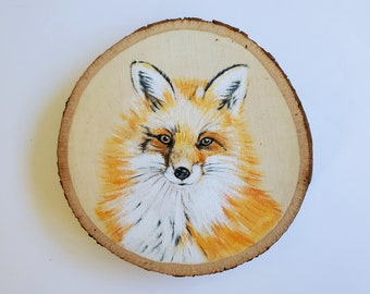 Fox art Painted on live edge basswood slice, fox artwork on wood round acrylic original by Mary Jill Lemieur