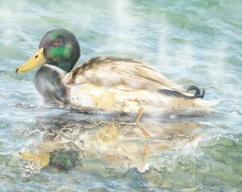 Wilde eend kunstprint op canvas of papieren giclee, kunst aan de muur watervogels, eend op meer, handgeschilderde digitale kunstwerken