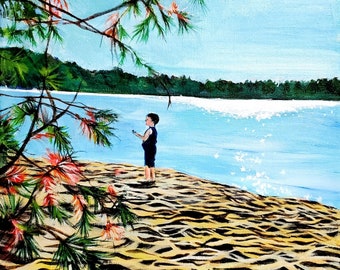 Lake Michigan beach original acrylic painting of a boy at Fisherman's Island State Park by Petoskey artist Mary Jill Lemieur