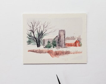 Michigan barn original tiny art, winter farm scene with silo miniature watercolor painting, collectible MIchigan landscape mini art