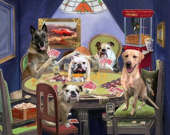 Poker Dogs Pet Portrait Custom Painting on Canvas from your photos, Commissioned Dog Portrait of your dogs playing cards