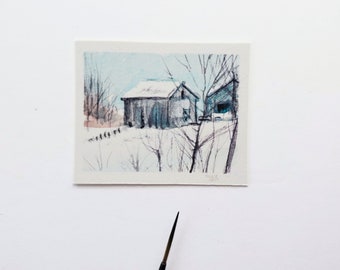 Michigan barn original tiny art, winter farm scene miniature watercolor painting, collectible micro art, MIchigan landscape mini art