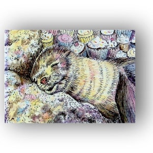 Seal Art Dreaming of Cupcakes mini watercolor fine art. Print fur seal artwork image 2