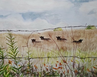 オリジナル水彩画：ミシガン州の秋の風景、穏やかな牛たち