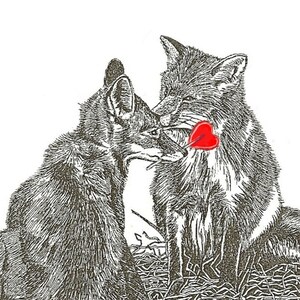 Fox Card Valentijn en Hart Lollipop Rode Vossen Romantische Verjaardag Liefde Wenskaart Pen en Inkt