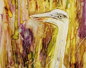 Great Blue Heron Alcohol Ink Painting on Yupo Surface, heron original artwork, shorebird matted artwork