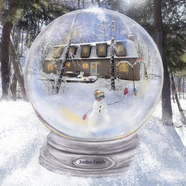 Snow Globe artwork Home Portrait custom PAINTING of your house depicted inside a fantasy 2-D Snow Globe with a snowy background
