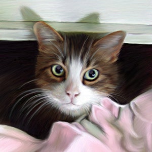 May include: A detailed painting of a cat with brown and white fur, and bright green eyes. The cat is looking directly at the viewer, with a pink surface in the foreground. The cat is partially obscured by a dark background.