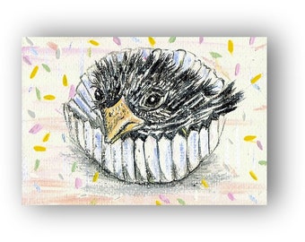Crow Art Cupcake Print ACEO Print, baby Raven Blackbird art pen and ink crow chick in an empty cupcake wrapper bird decor