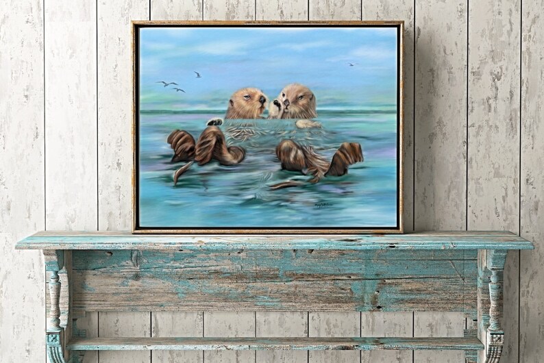 Sea Otter art Painting giclee on Canvas Sea Otters holding hands artwork blue green ocean