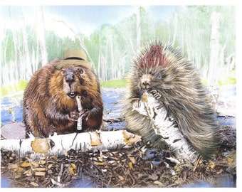 Beaver and Porcupine print, animal friends sharing a birch log snack in the swamp fine art print on canvas or paper