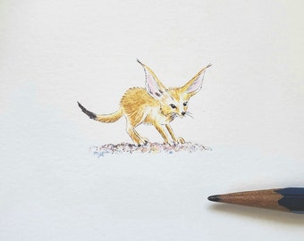 Baby fennec fox original miniature watercolor, collectible micro watercolor, fox tiny artwork, desert fox painting
