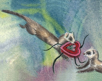 Weasel Art Watercolor Print Love Ferrets in Love Romantic Valentine Artwork 5 x 7