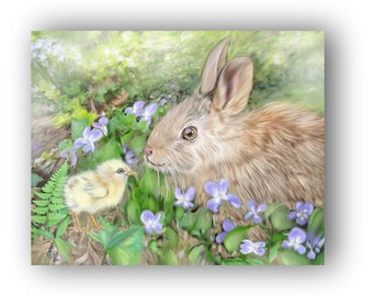 Rabbit Art Chick and Bunny Woodland Violets Fine art print nursery decor Easter art gift Easter chick