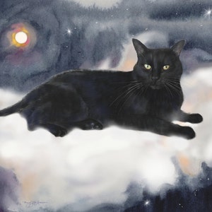May include: A black cat with green eyes is lying on a white cloud in a starry night sky. The moon is visible in the upper left corner of the image.