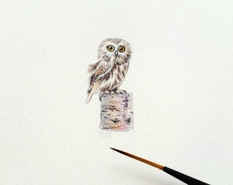 Saw-whet Owl mini art - miniature watercolor painting - tiny owl art - collectible small bird artwork