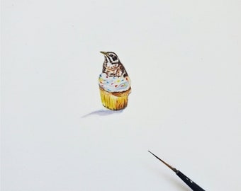 ROBIN tiny art - robin on cupcake  watercolor painting - collectible small bird artwork - miniature cupcake painting - micro watercolor