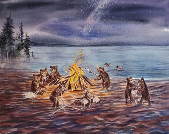 Bear cubs on the beach art, bears roasting marshmallows, bears around campfire fine art print on canvas or paper