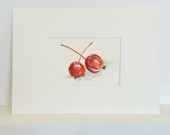 crab apples painting - original watercolor - red and white still life - kitchen decor - red wall decor