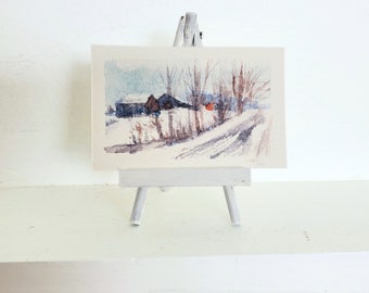 tiny farm painting landscape tiny art, winter farm and road miniature original watercolor collectible MIchigan art