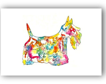May include: A colorful watercolor painting of a Scottish Terrier. The dog is made up of many smaller Scottish Terriers, each painted in a different color. The painting is on a white background.
