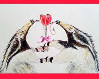 Anteater Valentine, Anteaters and ants sharing a Heart Lollipop funny Valentine Card, St. Valentine's Day animal Greeting note card