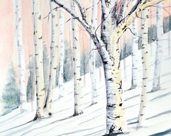 Birch Trees on Snowy Hill original watercolor sunset painting, Michigan landscape art