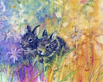 Rabbit Print Meadow Baby Bunny  Easter Artwork Daisy Wildflowers 5 x 7 Illustration nursery decor home decor Easter