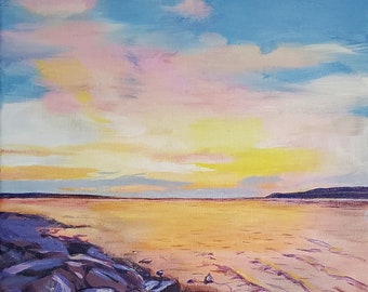 Sunset original acrylic painting of a sunset on LIttle Traverse Bay, Lake Michigan by Petoskey artist Mary Jill Lemieur
