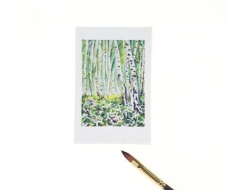 Trillium and white birches forest original tiny art, spring woodlands scene miniature watercolor painting, collectible MIchigan mini art