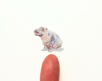 Baby Hippo Miniatur Aquarellmalerei, kleine Nilpferdkunst