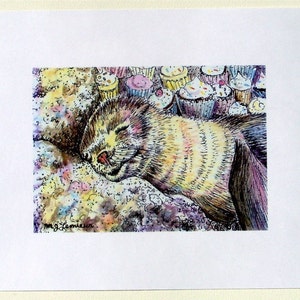 Seal Art Dreaming of Cupcakes mini watercolor fine art. Print fur seal artwork image 3