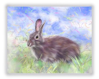 Rabbit greeting card, cheerful spring cottontail rabbit card blank inside