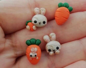 Bunny and Carrot Earrings - Mismatched Pair or Set of 4 Stud Earrings