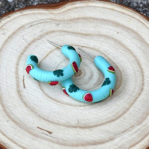 Hoops Earrings Polymer Clay Turquoise with Tiny Watermelons and Palm Leaves